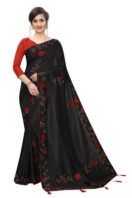 Black embroidered art silk saree with blouse 1