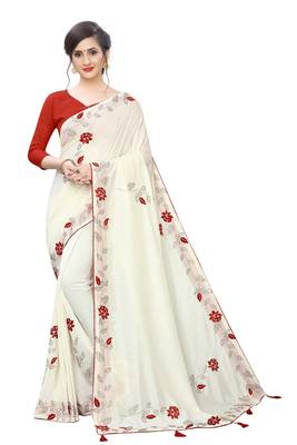 Off white embroidered art silk saree with blouse 1