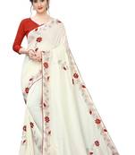 Off white embroidered art silk saree with blouse