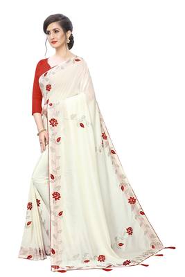 Off white embroidered art silk saree with blouse 2
