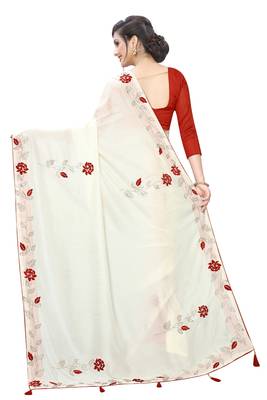 Off white embroidered art silk saree with blouse 3