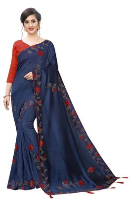 Navy blue embroidered art silk saree with blouse 1
