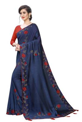 Navy blue embroidered art silk saree with blouse 2
