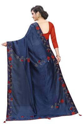 Navy blue embroidered art silk saree with blouse 3