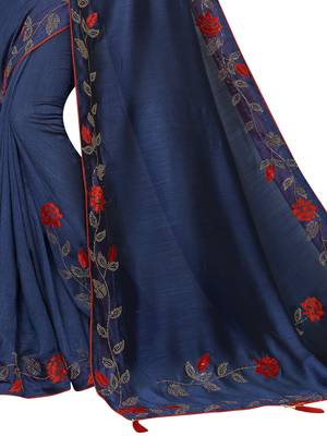 Navy blue embroidered art silk saree with blouse 4