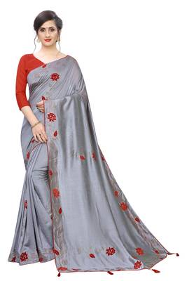 Grey embroidered art silk saree with blouse 1