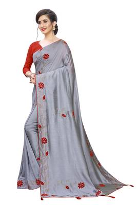 Grey embroidered art silk saree with blouse 2