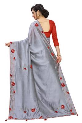 Grey embroidered art silk saree with blouse 3