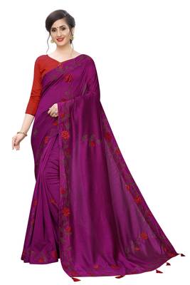 Wine Embroidered Art Silk Saree With Blouse 1
