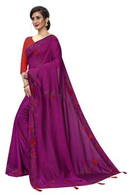 Wine Embroidered Art Silk Saree With Blouse 2