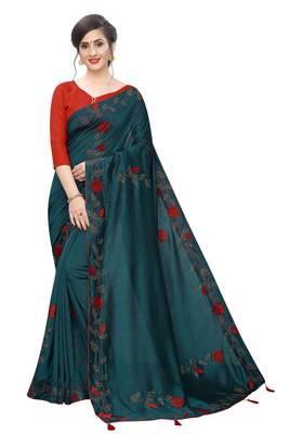 Turquoise embroidered art silk saree with blouse 1