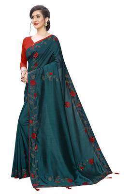 Turquoise embroidered art silk saree with blouse 2