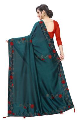 Turquoise embroidered art silk saree with blouse 3