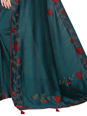 Turquoise embroidered art silk saree with blouse 4