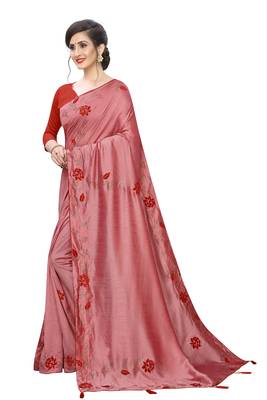 Red embroidered art silk saree with blouse 2