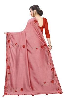 Red embroidered art silk saree with blouse 3