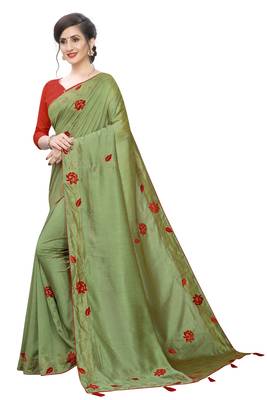 Green Embroidered Art Silk Saree With Blouse 2