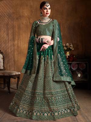 Beautiful Green Embroidered Art Silk Wedding Designer Lehenga Choli For Women 1