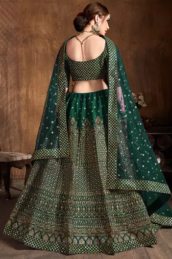 Beautiful Green Embroidered Art Silk Wedding Designer Lehenga Choli For Women