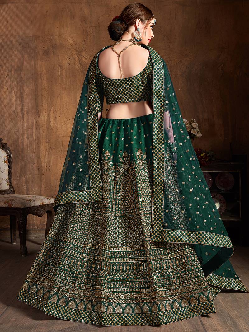 Beautiful Green Embroidered Art Silk Wedding Designer Lehenga Choli For Women