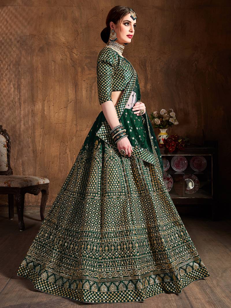 Beautiful Green Embroidered Art Silk Wedding Designer Lehenga Choli For Women