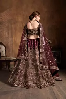 maroon embroidered art silk wedding lehenga set choli with dupatta for women