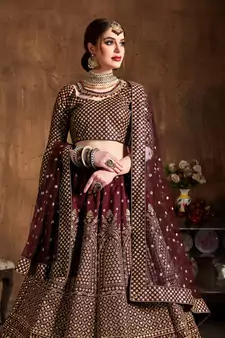 maroon embroidered art silk wedding lehenga set choli with dupatta for women