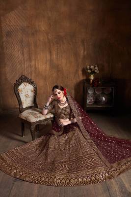 maroon embroidered art silk wedding lehenga set choli with dupatta for women 5