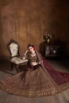 maroon embroidered art silk wedding lehenga set choli with dupatta for women
