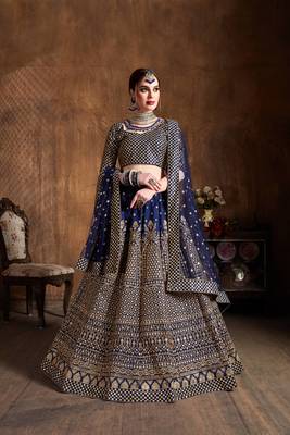 navy blue embroidered art silk wedding lehenga set choli with dupatta for women 1