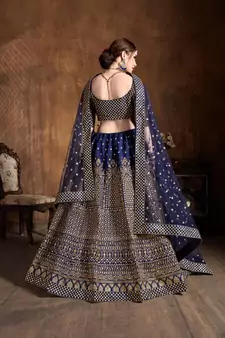 navy blue embroidered art silk wedding lehenga set choli with dupatta for women