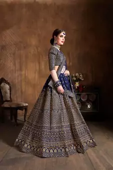 navy blue embroidered art silk wedding lehenga set choli with dupatta for women