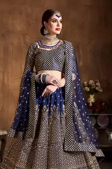 navy blue embroidered art silk wedding lehenga set choli with dupatta for women