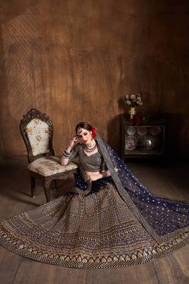 navy blue embroidered art silk wedding lehenga set choli with dupatta for women 6