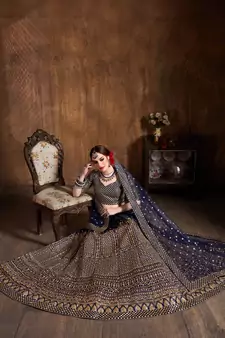navy blue embroidered art silk wedding lehenga set choli with dupatta for women