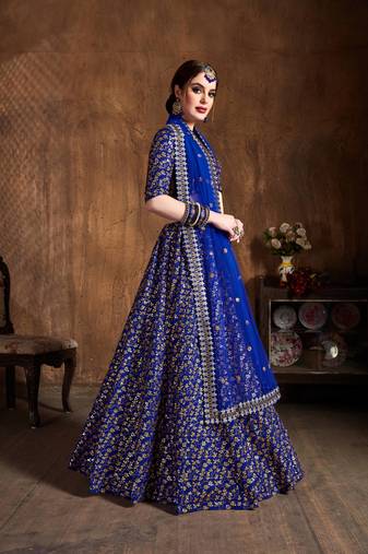 Royal-Blue Heavy Zari And Sequins Wedding Designer Lehenga Choli With Dupatta