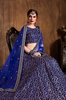 royal blue heavy zari and sequins wedding lehenga set choli with dupatta with dupatta