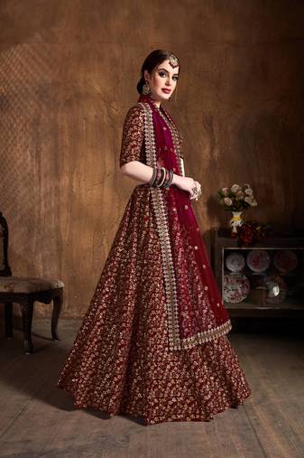 Maroon Heavy Zari And Sequins Embroidered Wedding Bridal Lehenga Choli With Dupatta