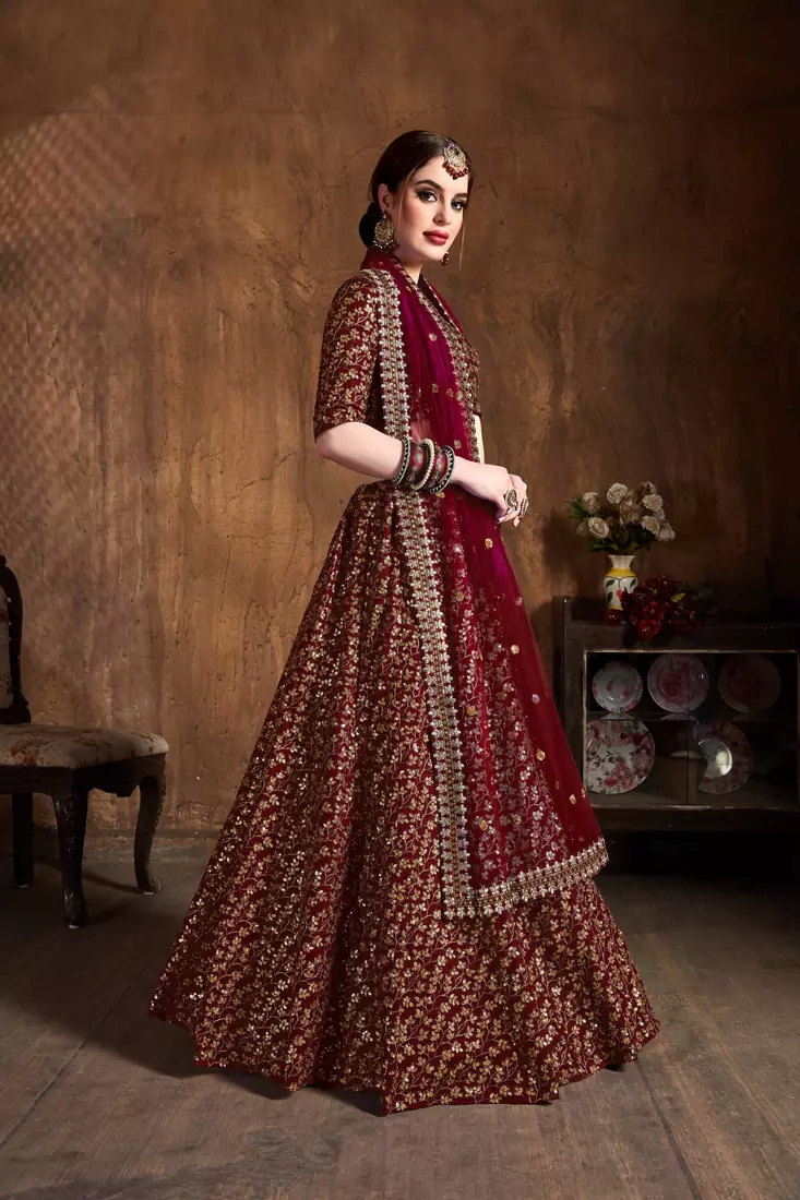 Maroon Heavy Zari And Sequins Embroidered Wedding Bridal Lehenga Choli With Dupatta
