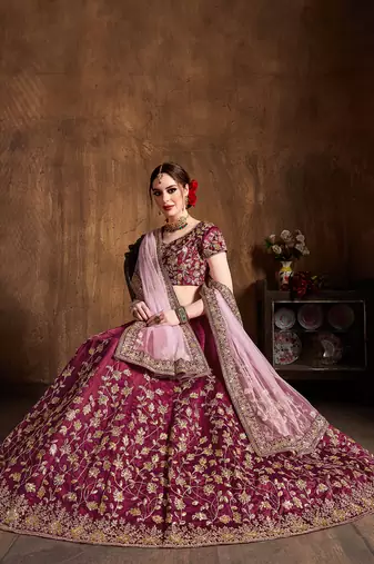 maroon silk sequin embroidered lehenga set choli with dupatta with pink dupatta