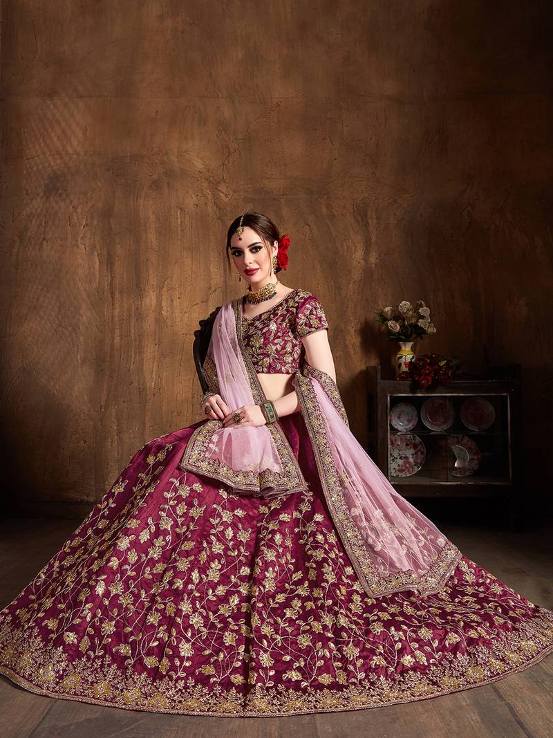 Maroon Silk Sequin Embroidered Lehenga Choli with Pink Dupatta