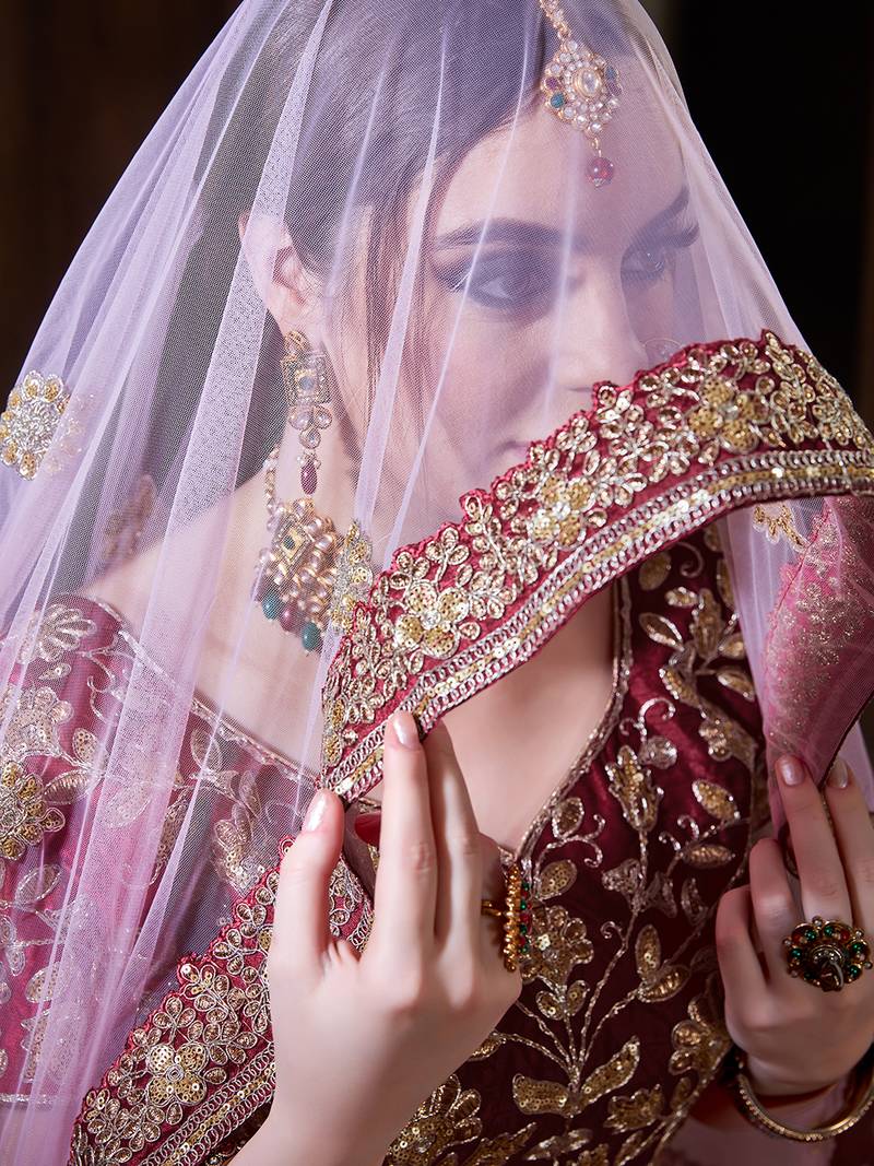 Maroon Silk Sequin Embroidered Lehenga Choli with Pink Dupatta