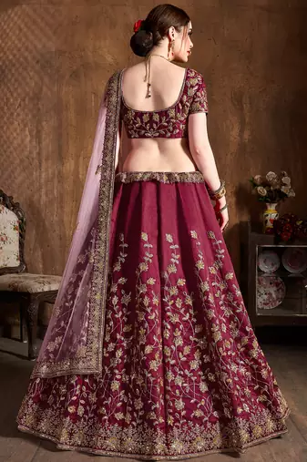 maroon silk sequin embroidered lehenga set choli with dupatta with pink dupatta