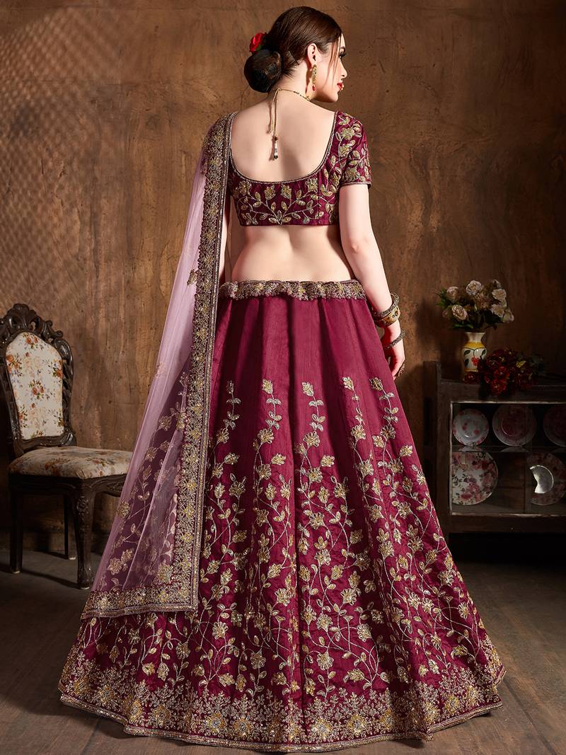 Maroon Silk Sequin Embroidered Lehenga Choli with Pink Dupatta