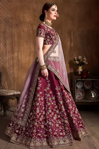 maroon silk sequin embroidered lehenga set choli with dupatta with pink dupatta