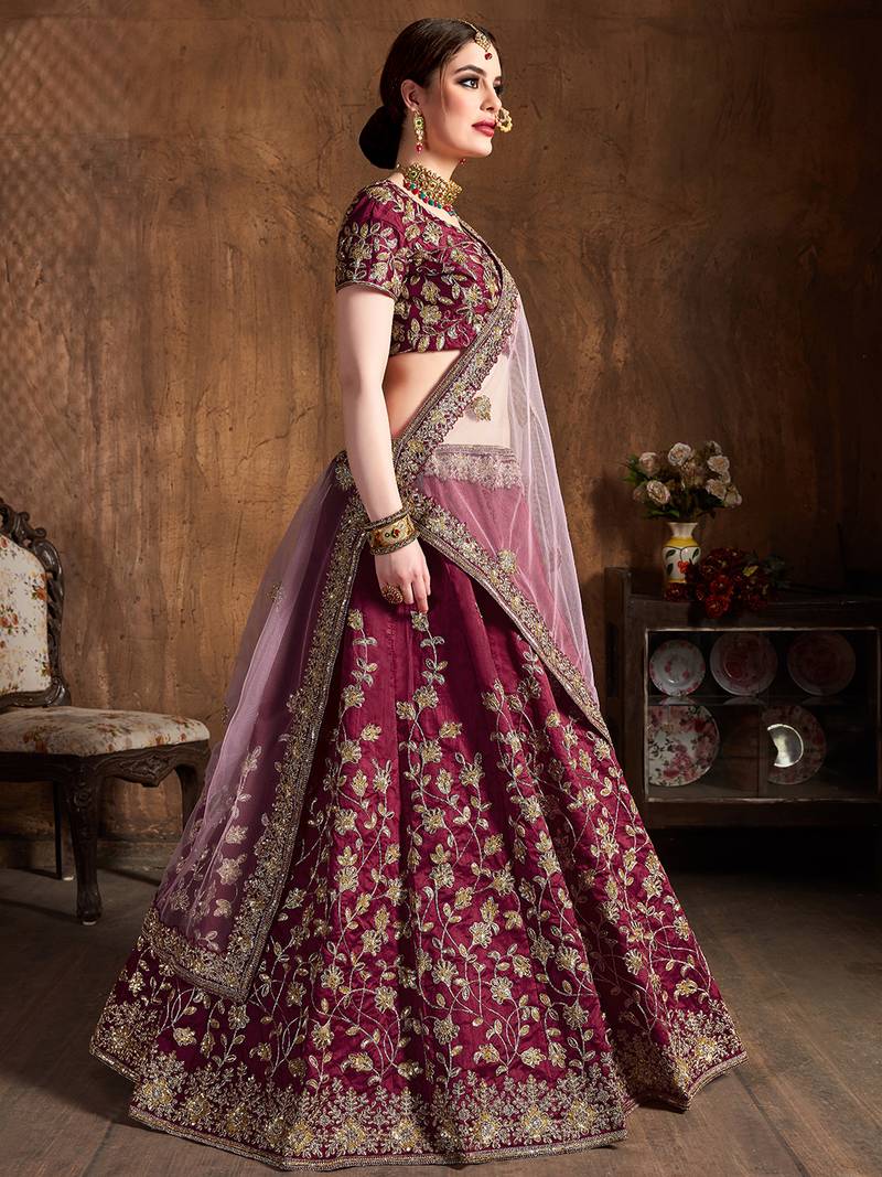 Maroon Silk Sequin Embroidered Lehenga Choli with Pink Dupatta