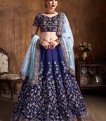 Navy Blue Embroidered Silk Semi Stitched Wedding Bridal Heavy Lehenga Choli For Women
