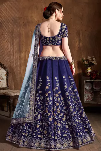 navy blue embroidered silk wedding bridal heavy lehenga set choli with dupatta for women