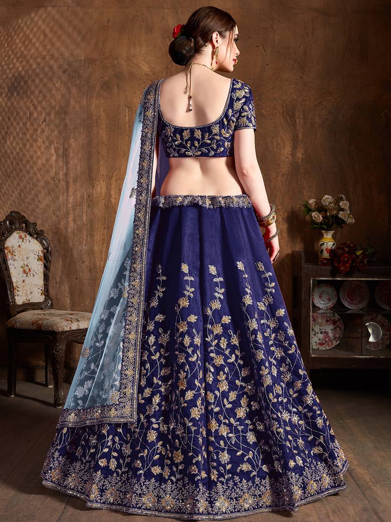 Navy Blue Embroidered Silk Semi Stitched Wedding Bridal Heavy Lehenga Choli For Women