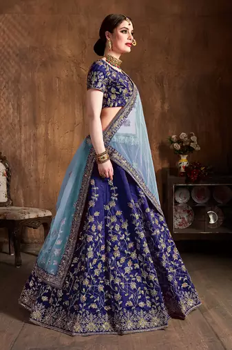 navy blue embroidered silk wedding bridal heavy lehenga set choli with dupatta for women